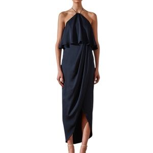 Shona Joy- Navy Luxe Frill Cocktail Ruffle Halter Midi dress